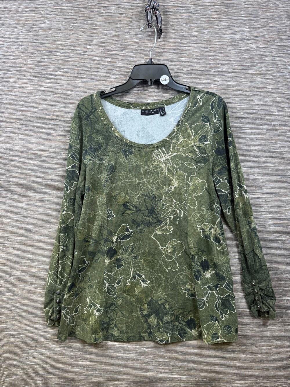 Susan Graver Weekend Green Floral Long Sleeve Knit Tunic Top Womens Size L